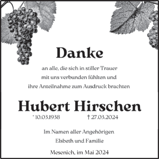 Traueranzeige von Hubert Hirschen von WochenSpiegel