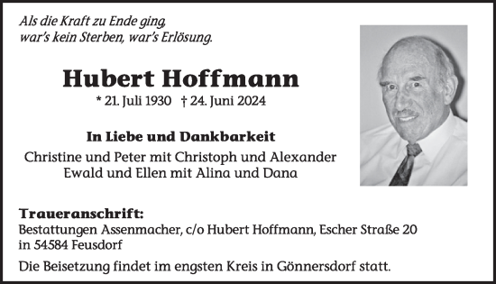 Traueranzeige von Hubert Hoffmann von WochenSpiegel