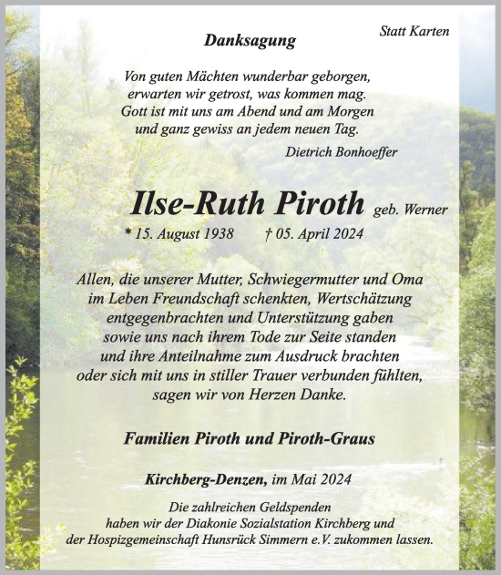 Traueranzeige von Ilse-Ruth Piroth von WochenSpiegel