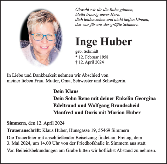 Traueranzeige von Inge Huber von WochenSpiegel