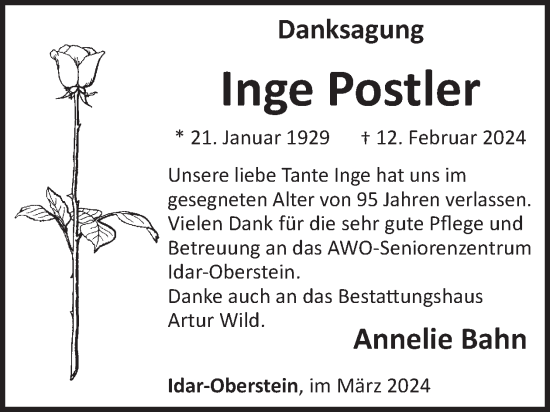 Traueranzeige von Inge Postler von WochenSpiegel