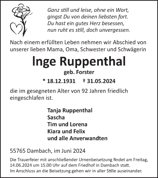 Traueranzeige von Inge Ruppenthal von WochenSpiegel