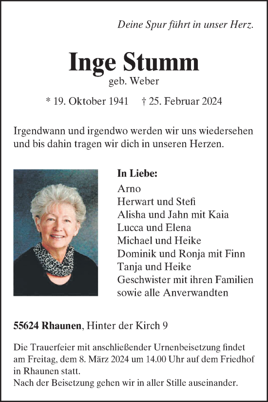 Traueranzeige von Inge Stumm von WochenSpiegel