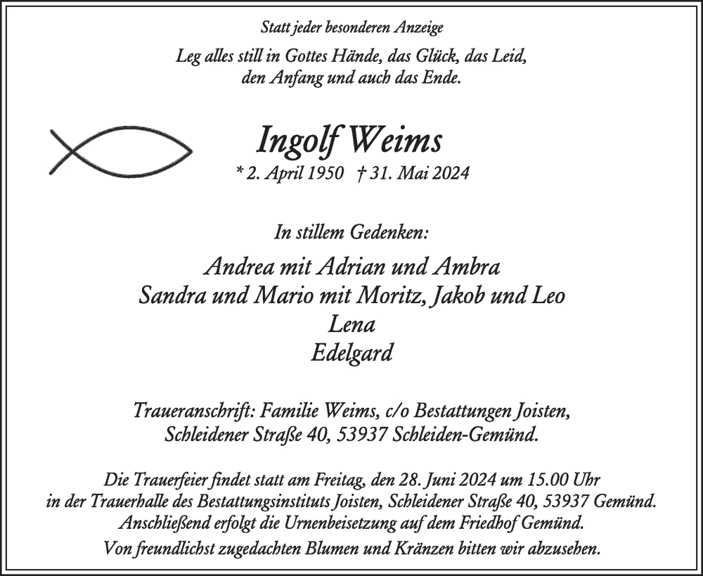  Traueranzeige für Ingolf Weims vom 12.06.2024 aus WochenSpiegel