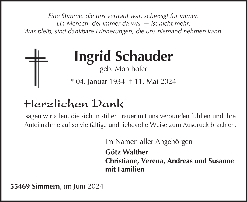  Traueranzeige für Ingrid Schauder vom 22.06.2024 aus WochenSpiegel