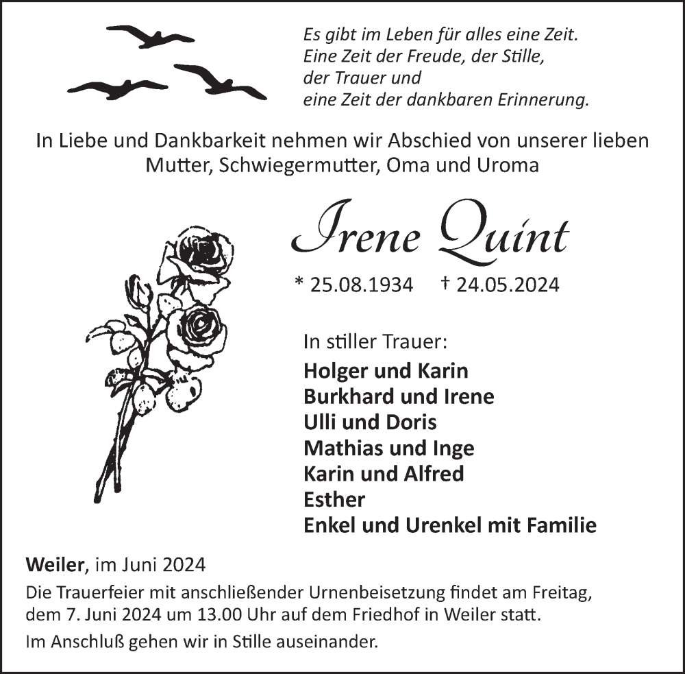  Traueranzeige für Irene Quint vom 01.06.2024 aus WochenSpiegel