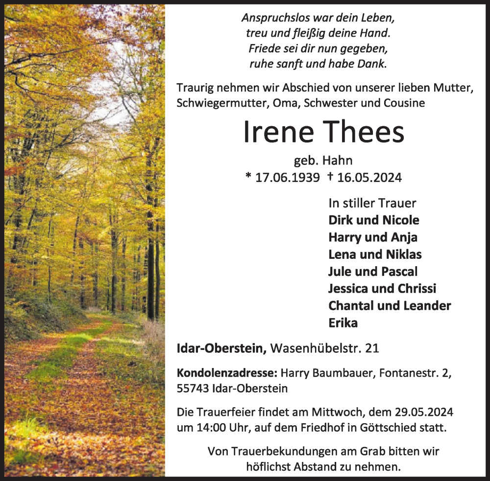  Traueranzeige für Irene Thees vom 25.05.2024 aus WochenSpiegel