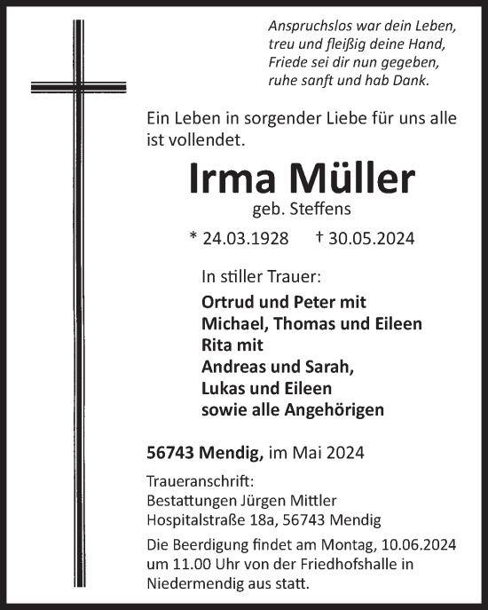 Traueranzeige von Irma Müller von WochenSpiegel