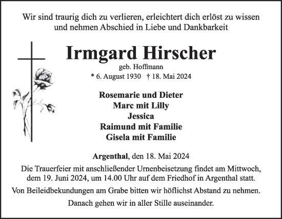 Traueranzeige von Irmgard Hirscher von WochenSpiegel