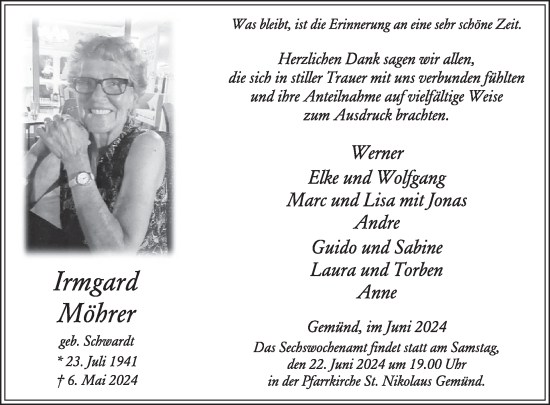 Traueranzeige von Irmgard Möhrer von WochenSpiegel