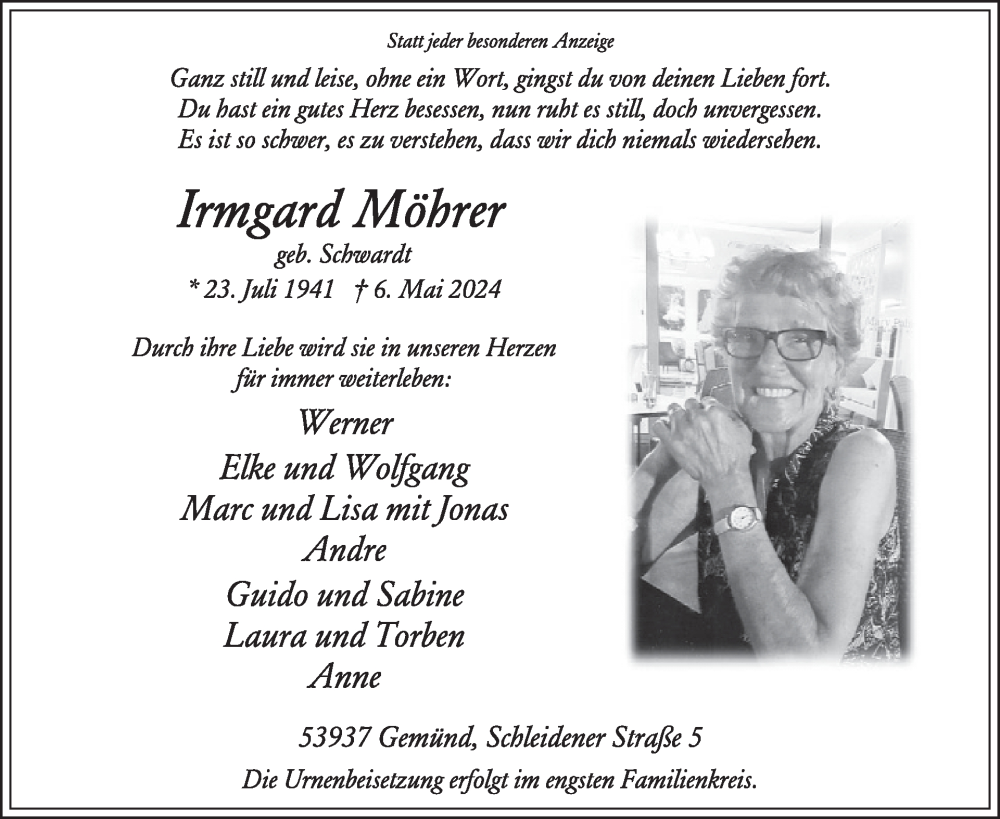  Traueranzeige für Irmgard Möhrer vom 15.05.2024 aus WochenSpiegel