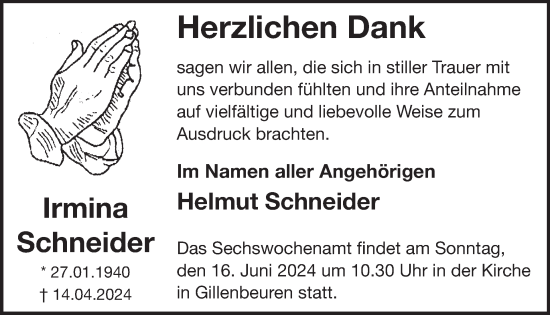 Traueranzeige von Irmina Schneider von WochenSpiegel