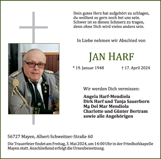 Traueranzeige von Jan Harf von WochenSpiegel