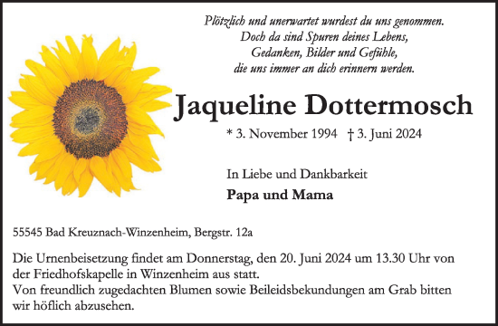 Traueranzeige von Jaqueline Dottermosch von WochenSpiegel