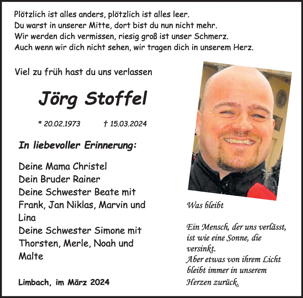  Traueranzeige für Jörg Stoffel vom 30.03.2024 aus WochenSpiegel