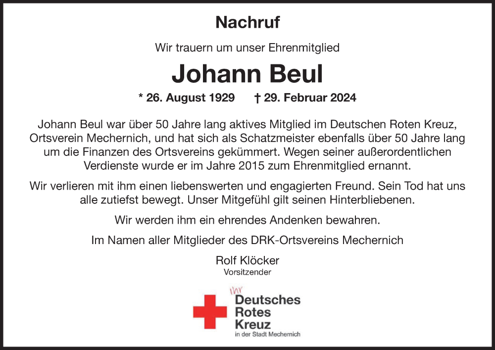  Traueranzeige für Johann Beul vom 06.03.2024 aus WochenSpiegel