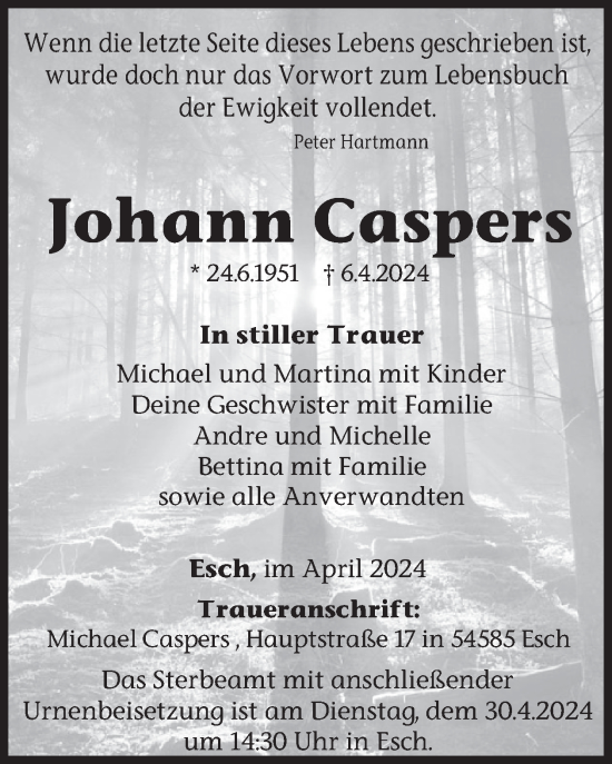 Traueranzeige von Johann Caspers von WochenSpiegel