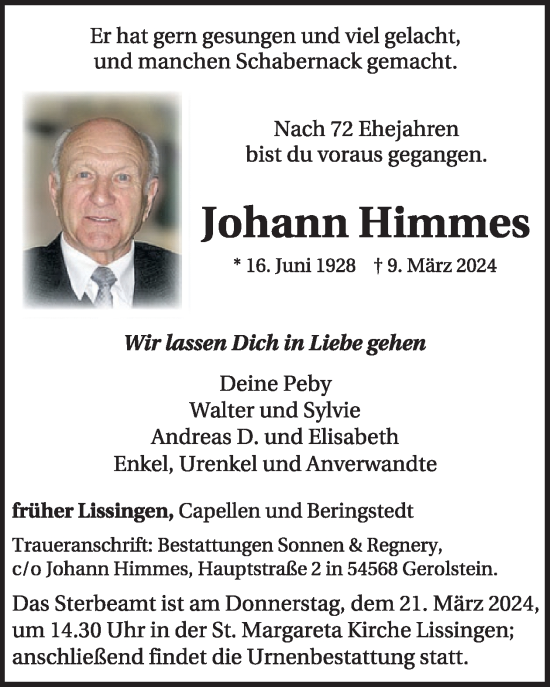 Traueranzeige von Johann Himmes von WochenSpiegel