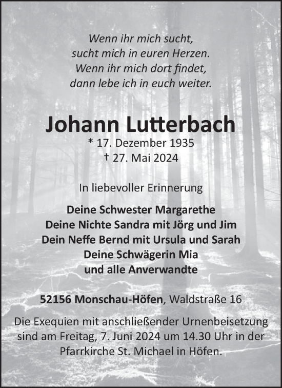 Traueranzeige von Johann Lutterbach von WochenSpiegel