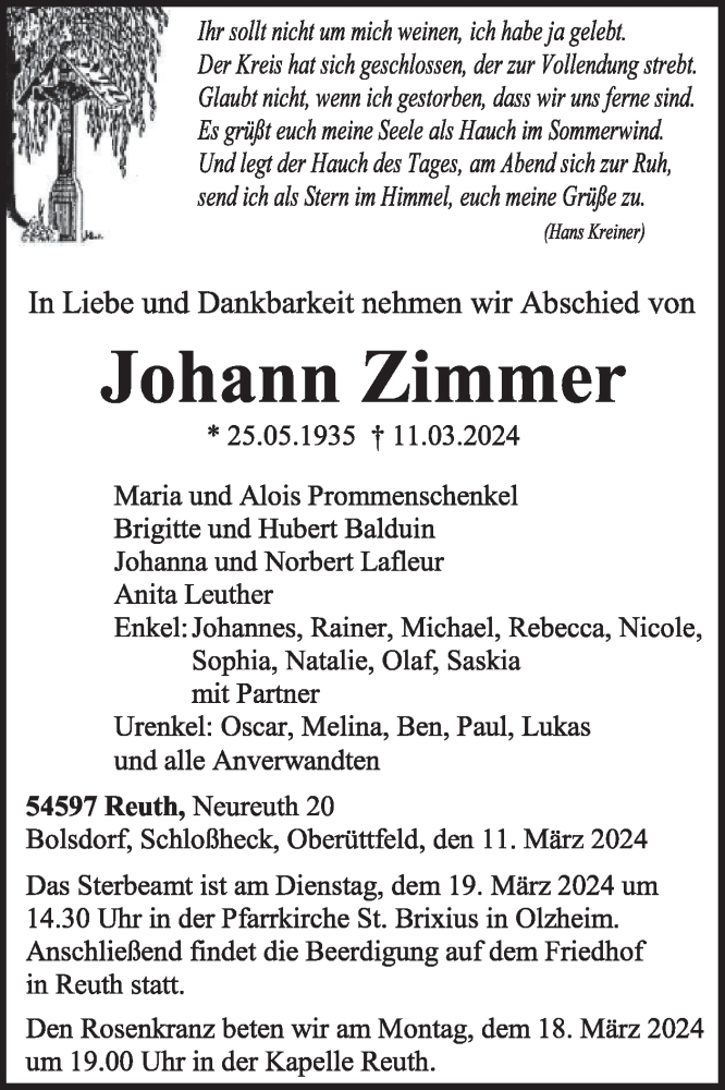  Traueranzeige für Johann Zimmer vom 15.03.2024 aus WochenSpiegel