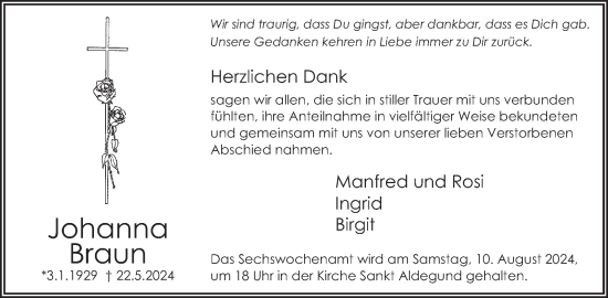 Traueranzeige von Johanna Braun von WochenSpiegel
