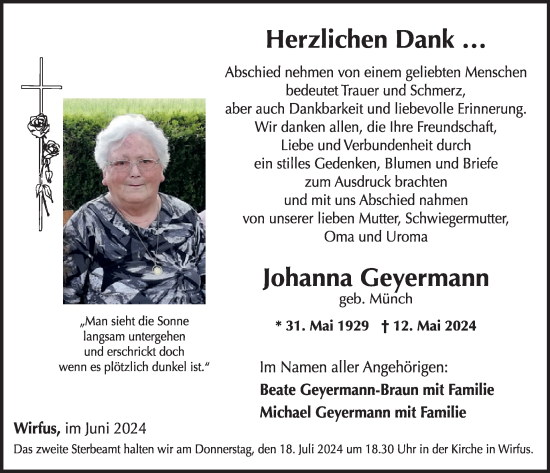 Traueranzeige von Johanna Geyermann von WochenSpiegel