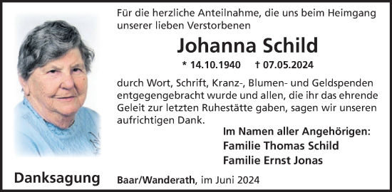 Traueranzeige von Johanna Schild von WochenSpiegel