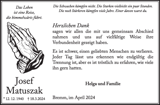 Traueranzeige von Josef Matuszak von WochenSpiegel