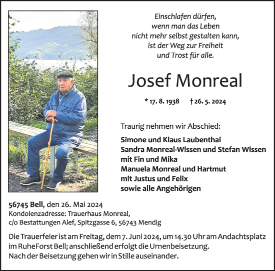 Traueranzeige von Josef Monreal von WochenSpiegel