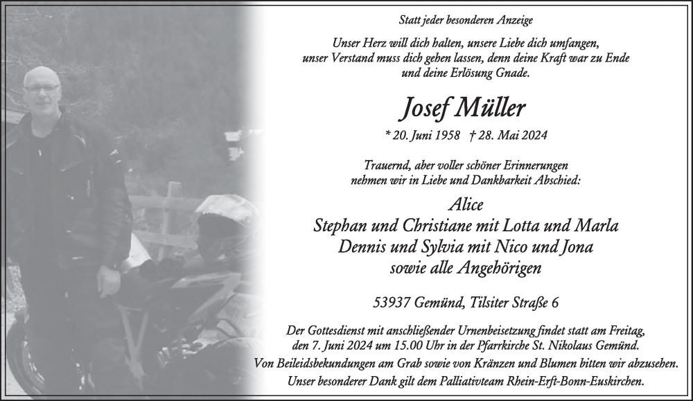  Traueranzeige für Josef Müller vom 05.06.2024 aus WochenSpiegel