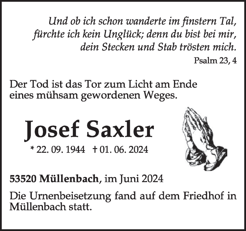  Traueranzeige für Josef Saxler vom 15.06.2024 aus WochenSpiegel