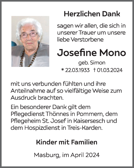 Traueranzeige von Josefine Mono von WochenSpiegel