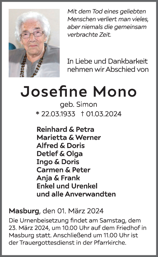 Traueranzeige von Josefine Mono von WochenSpiegel