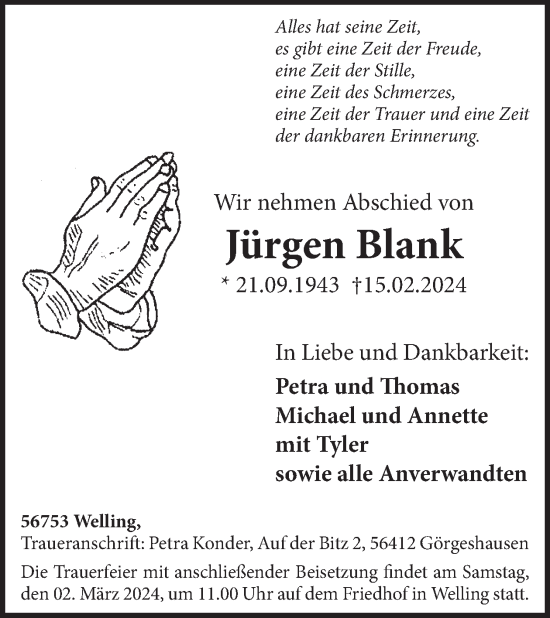 Traueranzeige von Jürgen Blank von WochenSpiegel