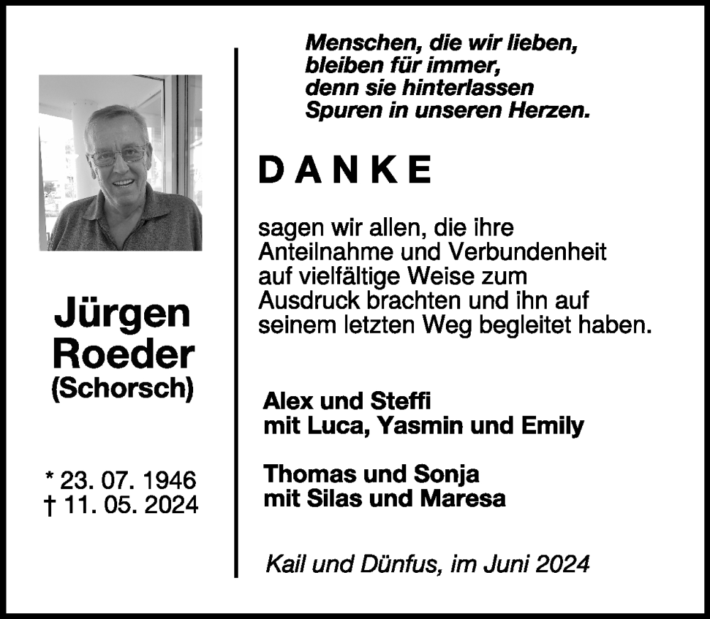  Traueranzeige für Jürgen Roeder vom 19.06.2024 aus WochenSpiegel
