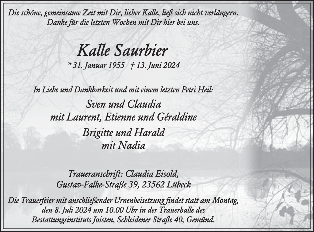  Traueranzeige für Kalle Saurbier vom 26.06.2024 aus WochenSpiegel