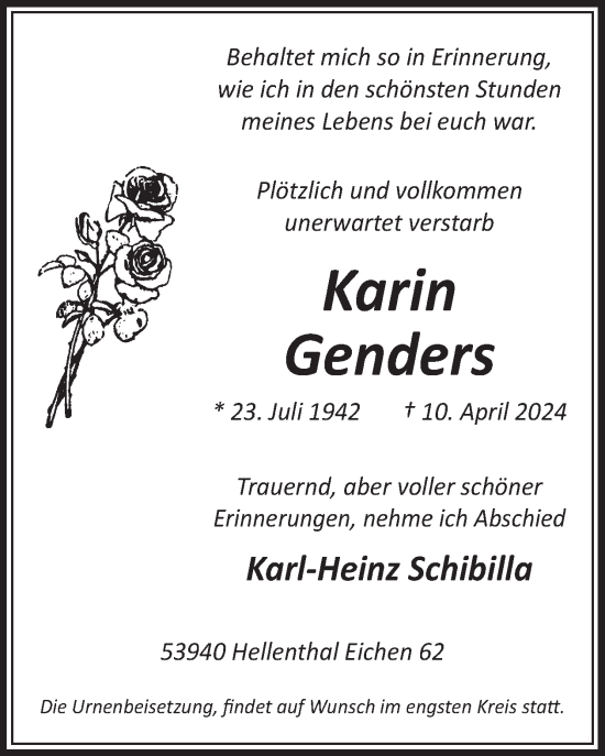 Traueranzeige von Karin Genders von WochenSpiegel