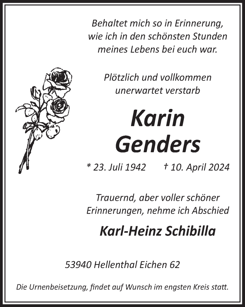  Traueranzeige für Karin Genders vom 17.04.2024 aus WochenSpiegel