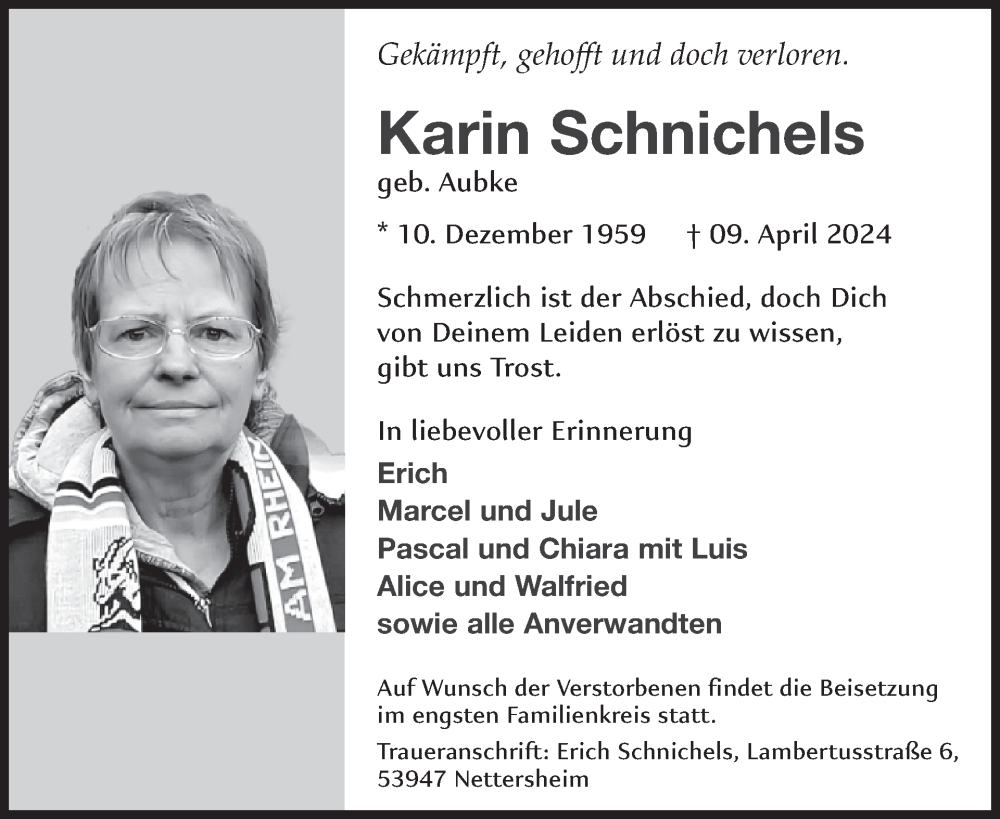  Traueranzeige für Karin Schnichels vom 17.04.2024 aus WochenSpiegel