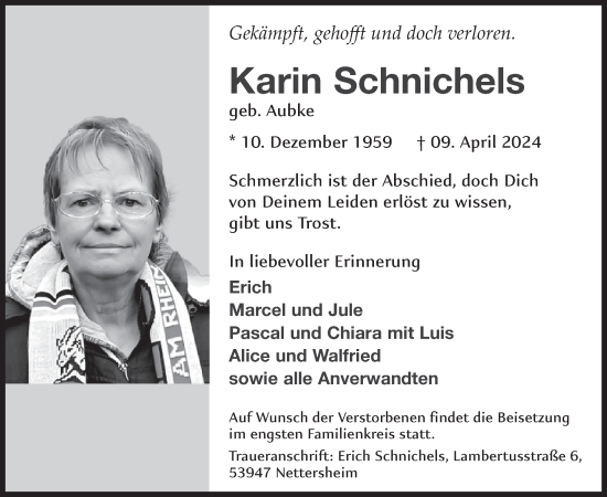 Traueranzeige von Karin Schnichels von WochenSpiegel