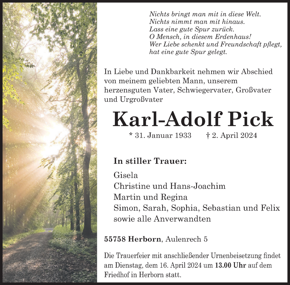  Traueranzeige für Karl-Adolf Pick vom 13.04.2024 aus WochenSpiegel