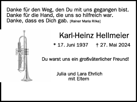 Traueranzeige von Karl-Heinz Hellmeier von WochenSpiegel