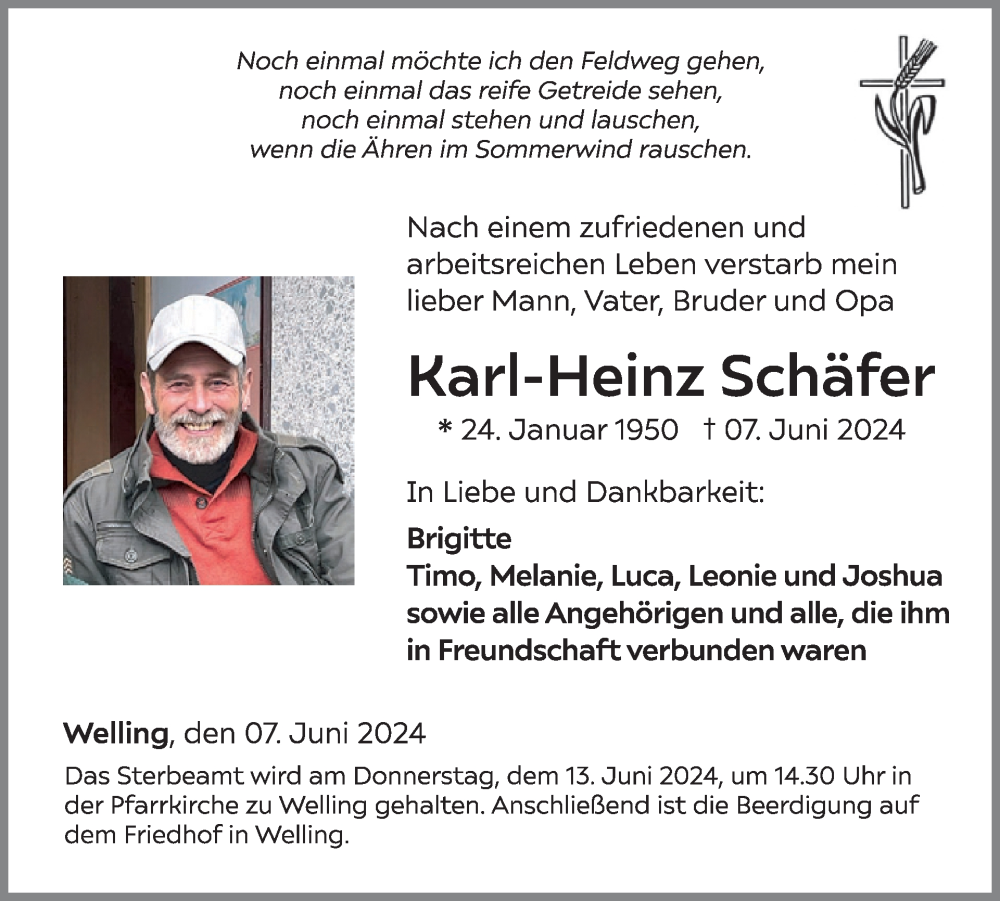  Traueranzeige für Karl-Heinz Schäfer vom 12.06.2024 aus WochenSpiegel