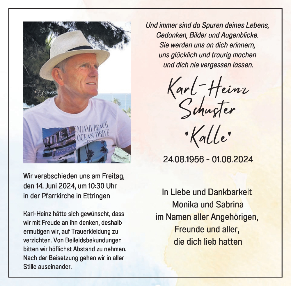  Traueranzeige für Karl-Heinz Schuster vom 12.06.2024 aus WochenSpiegel