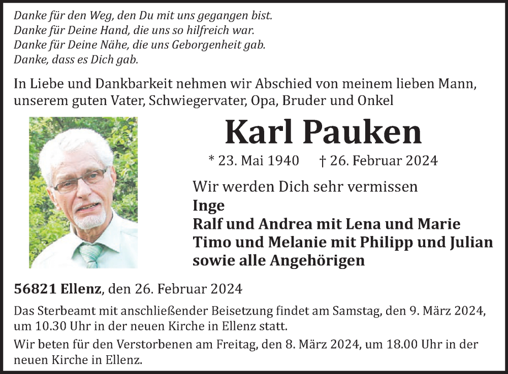  Traueranzeige für Karl Pauken vom 06.03.2024 aus WochenSpiegel