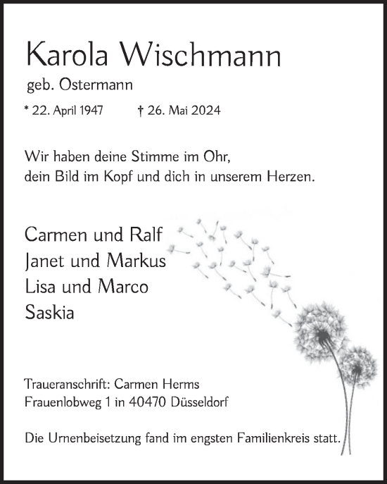 Traueranzeige von Karola Wischmann von WochenSpiegel