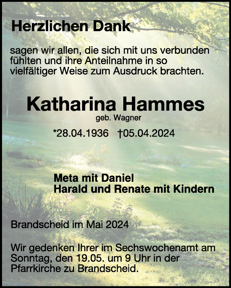  Traueranzeige für Katharina Hammes vom 17.05.2024 aus WochenSpiegel