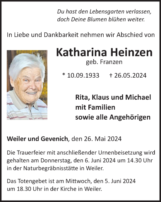 Traueranzeige von Katharina Heinzen von WochenSpiegel