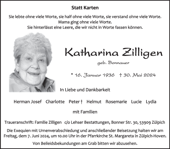 Traueranzeige von Katharina Zilligen von WochenSpiegel