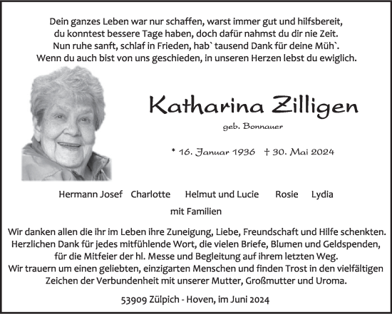 Traueranzeige von Katharina Zilligen von WochenSpiegel